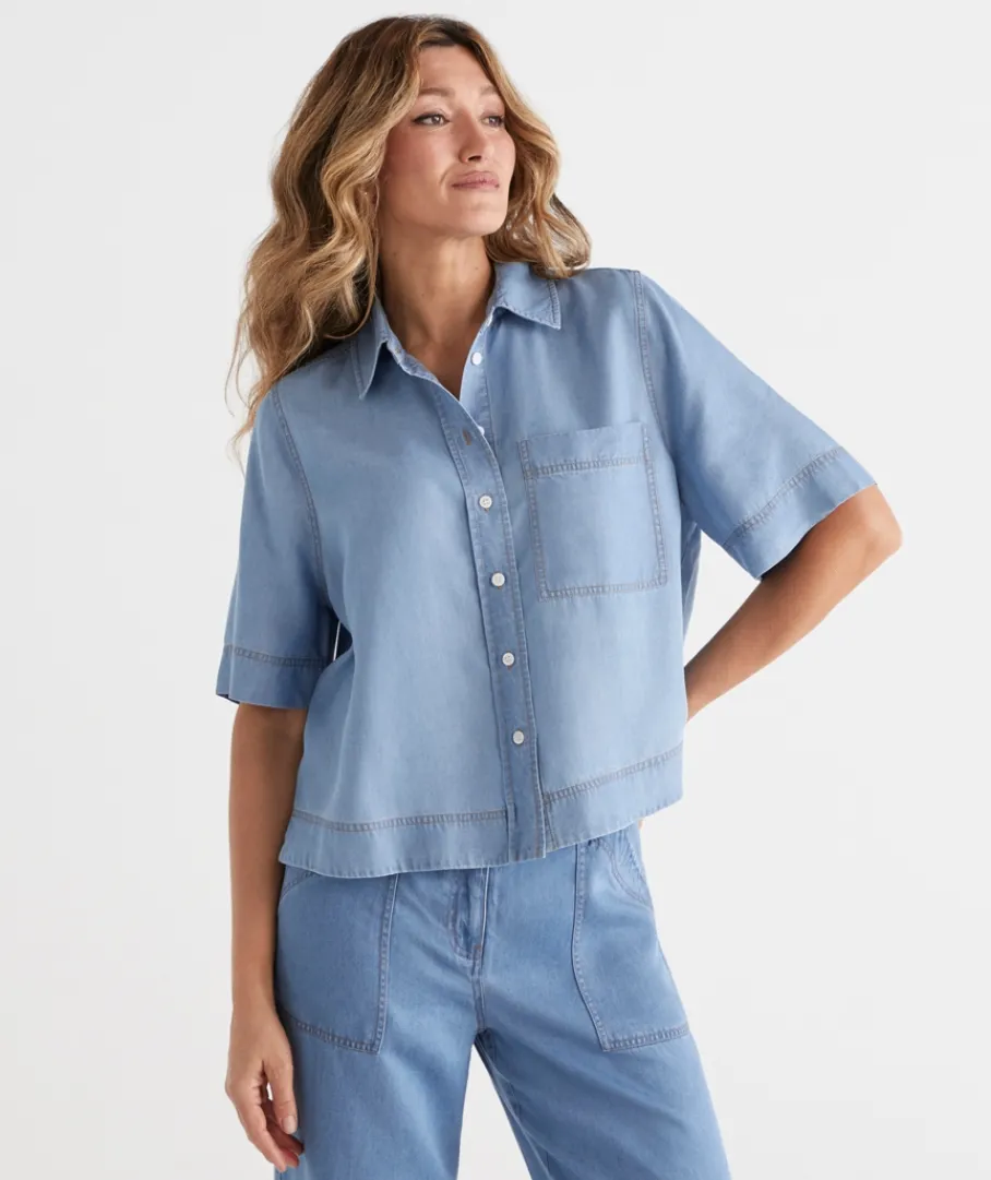 Sussan Tops|Matching Sets>Chambray Boxy Short Sleeve Shirt