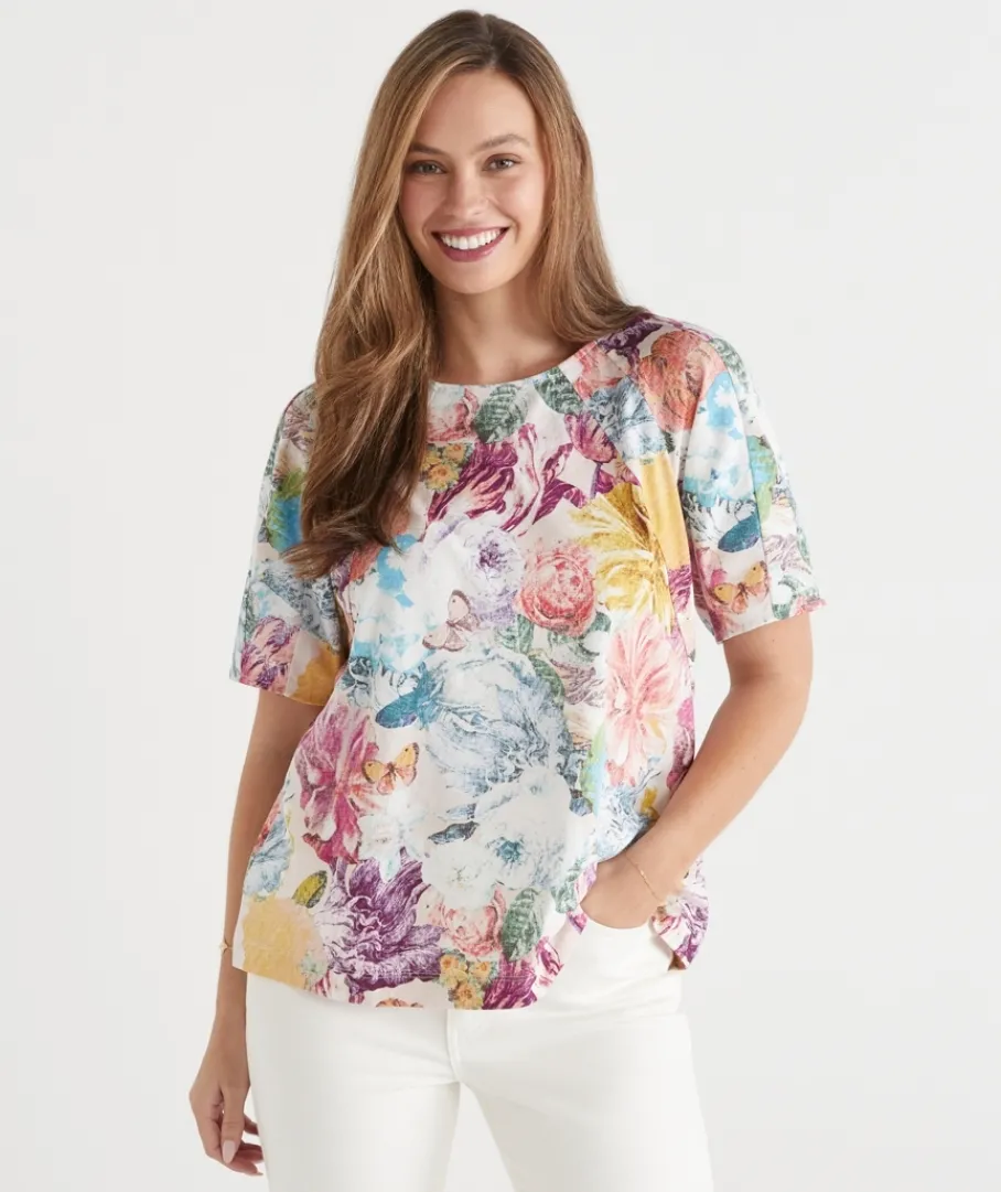 Sussan Tops>Floral Brights Seam Detail Short Sleeve Top