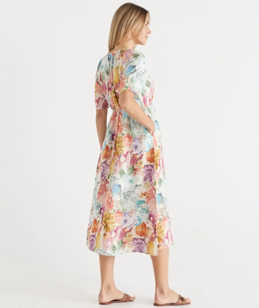 Sussan Dresses>Floral Brights V Neck Shirred Midi Linen Dress