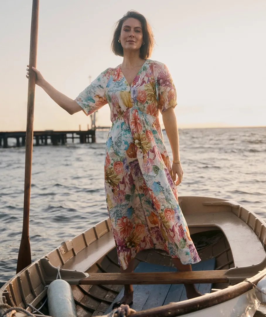 Sussan Dresses>Floral Brights V Neck Shirred Midi Linen Dress