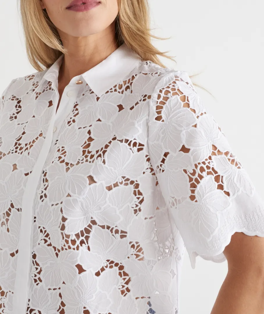 Sussan Tops|Shirts & Blouses>Floral Garden Broderie Short Sleeve Shirt