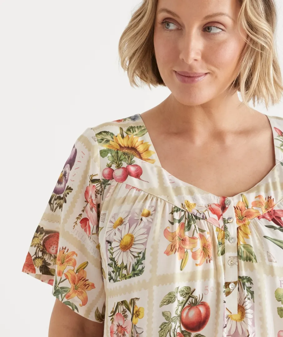 Sussan Nighties>Garden Stamp Print Short Sleeve Nightie