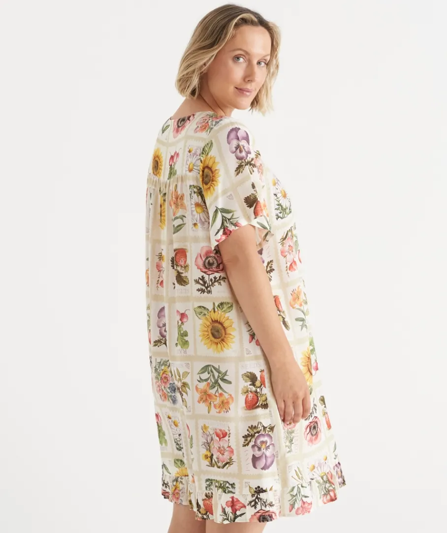 Sussan Nighties>Garden Stamp Print Short Sleeve Nightie