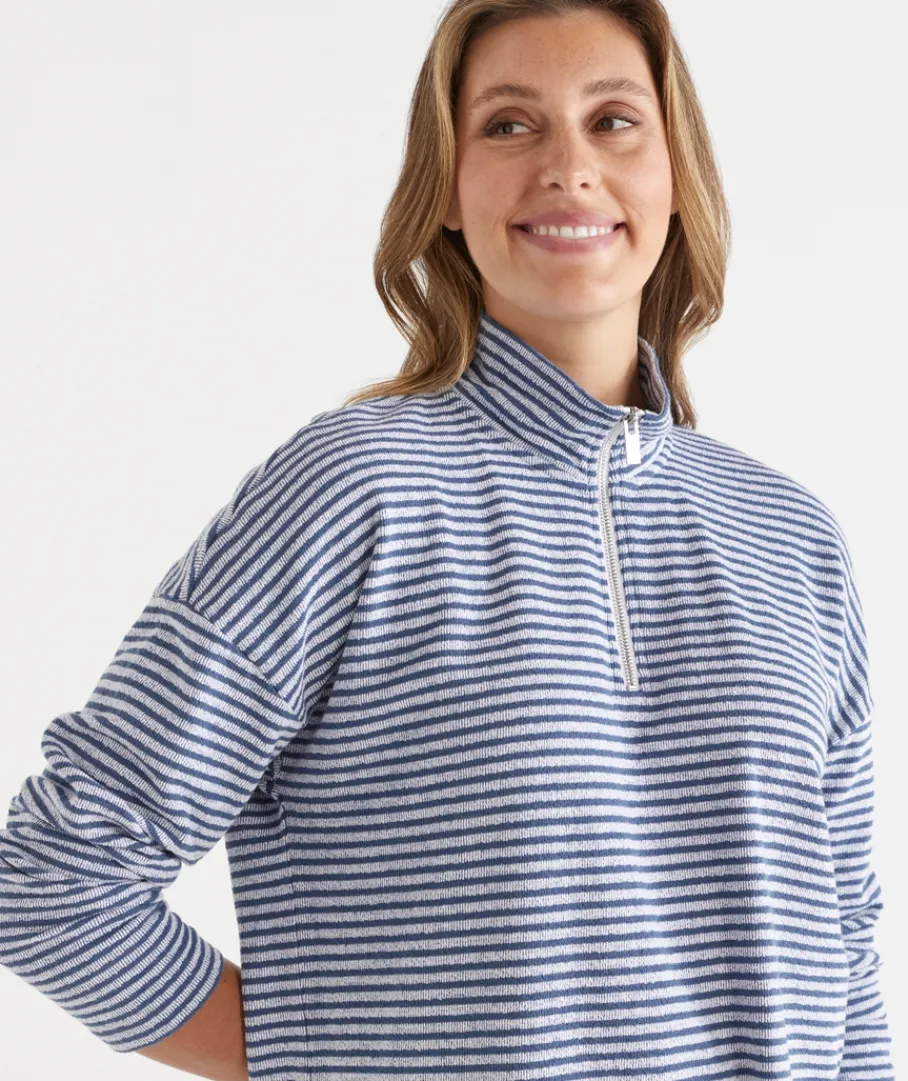Sussan Tops|Loungewear>Lightweight Quarter-Zip Jumper - Blue Stripe