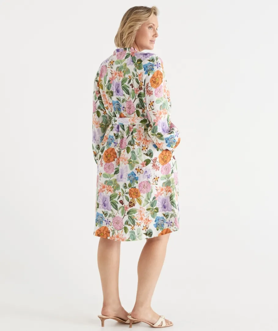 Sussan Dresses>Linen Floral Botanical Long Sleeve Dress