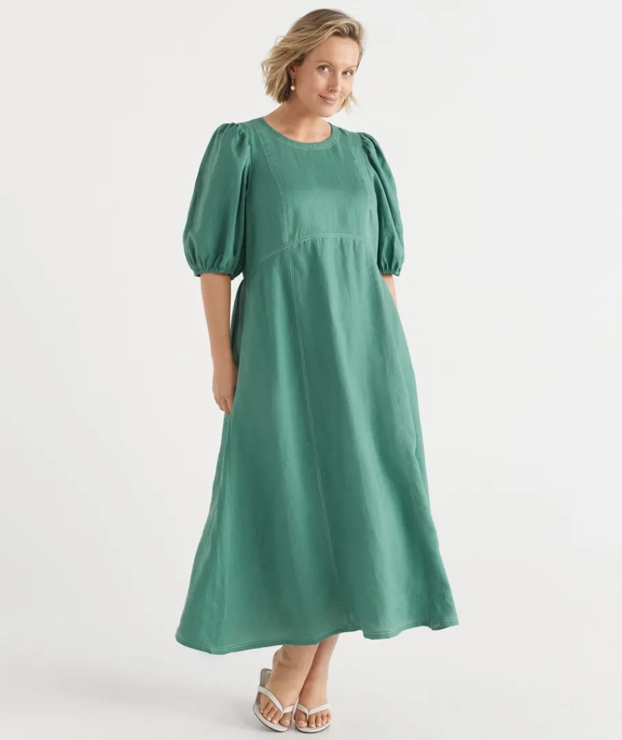Sussan Dresses>Linen Stitch Detail Short Sleeve Midi Dress