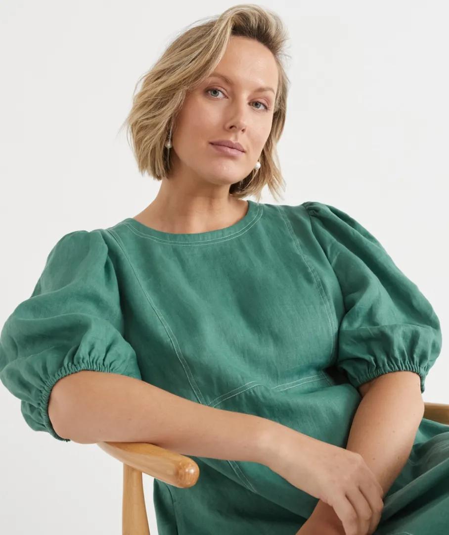 Sussan Dresses>Linen Stitch Detail Short Sleeve Midi Dress