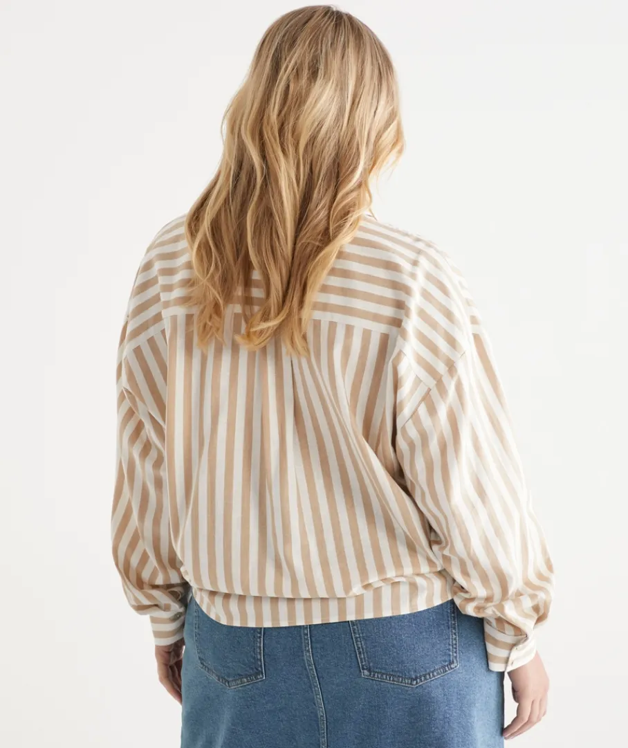 Sussan Tops|Shirts & Blouses>Long Sleeve Front Knot Stripe Shirt