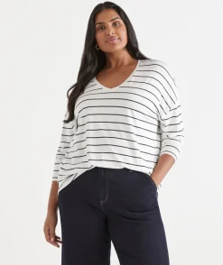 Sussan Tops|T-Shirts>Long Sleeve V Neck Stripe Pleat Back Tee -