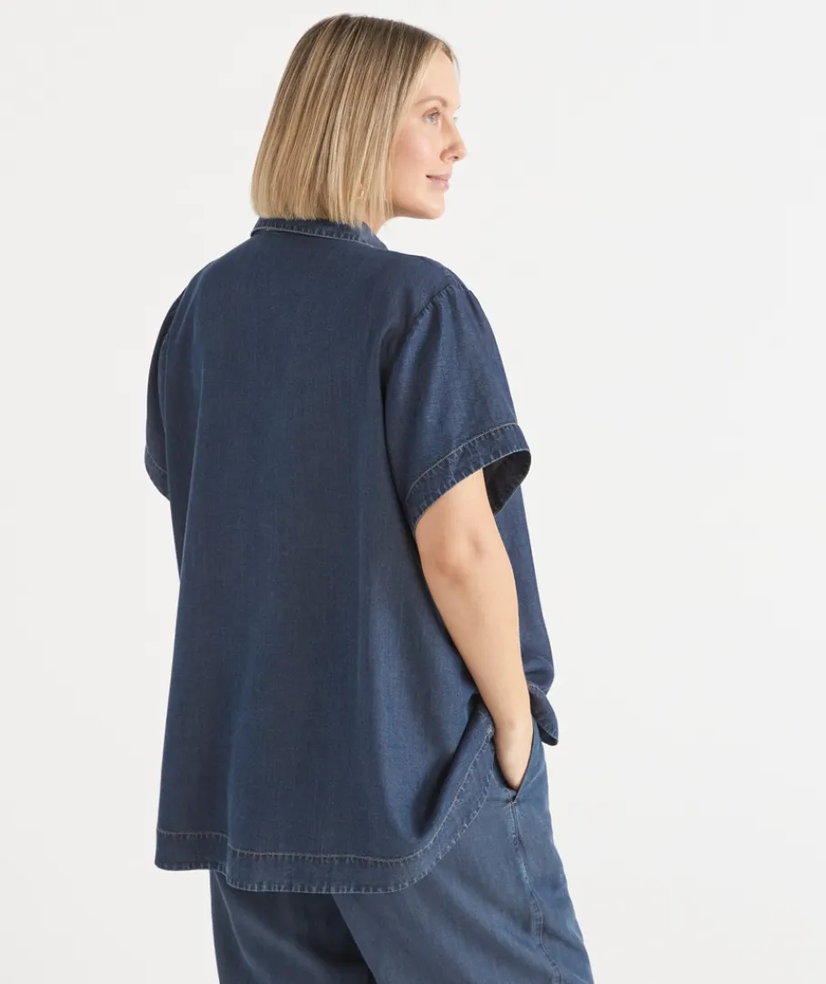 Sussan Shirts & Blouses|Tops>Lyocell Collared Short Sleeve Shirt