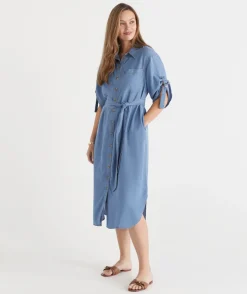 Sussan Dresses>Lyocell Short Sleeve Midi Shirt Dress