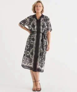 Sussan Matching Sets|Dresses>Noir Bloom Short Sleeve Midi Shirt Dress
