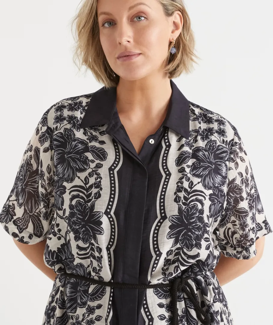 Sussan Matching Sets|Dresses>Noir Bloom Short Sleeve Midi Shirt Dress