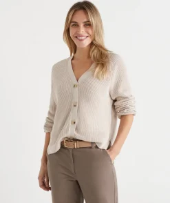Sussan Tops|Knitwear>Ribbed V Neck Knit Cardigan - Cream