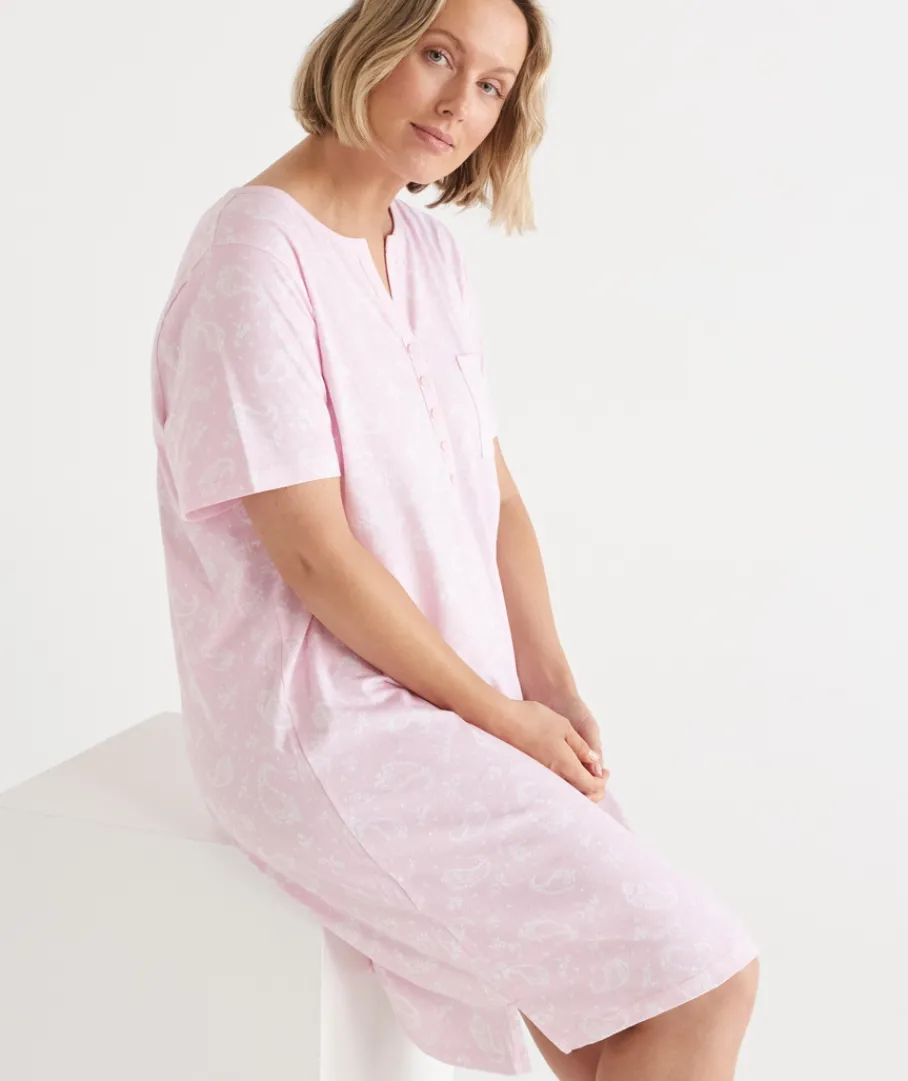 Sussan Nighties>Short Sleeve Paisley Placket Nightie