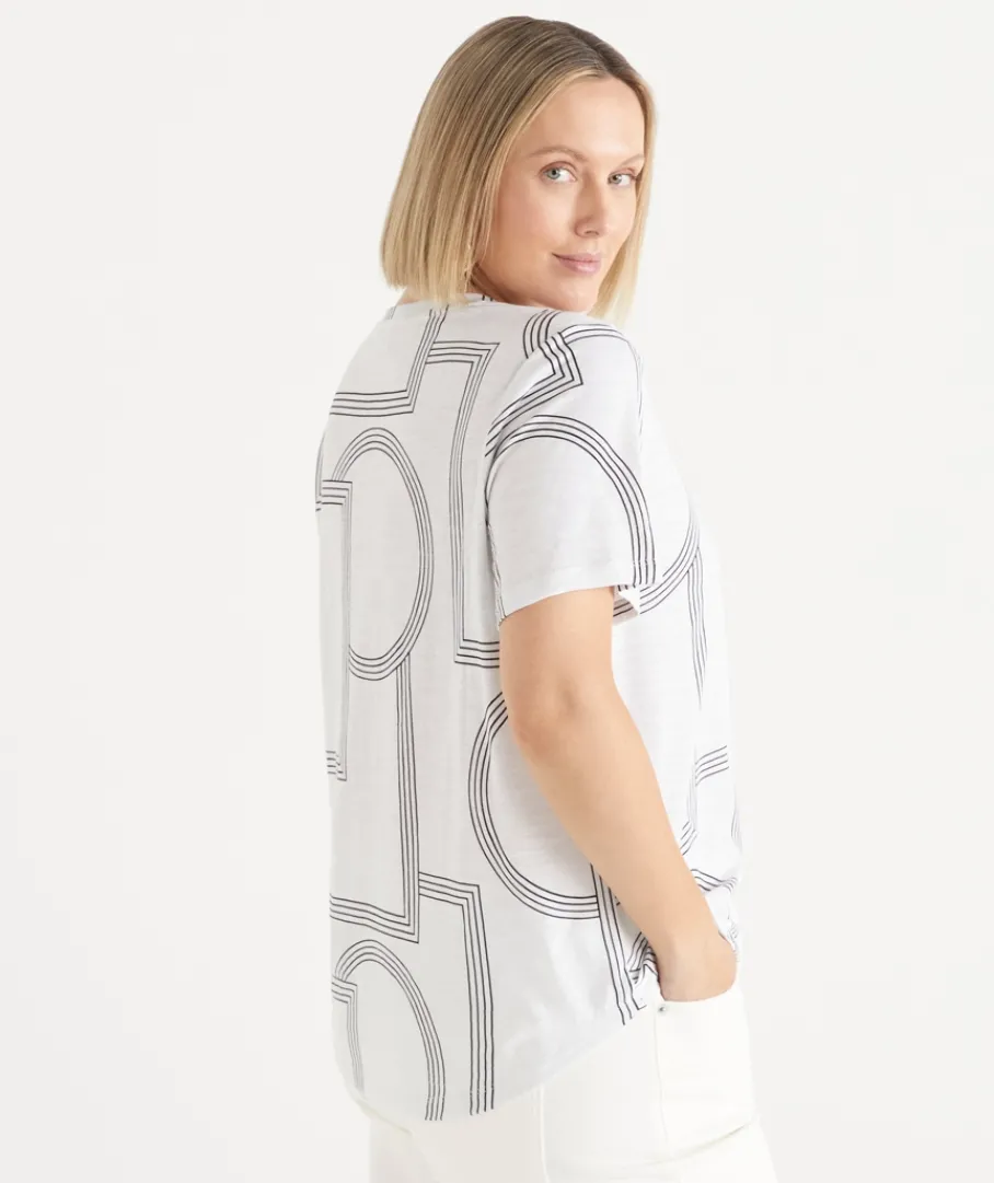 Sussan Tops|T-Shirts>Slub Geometric Crew Neck T-Shirt