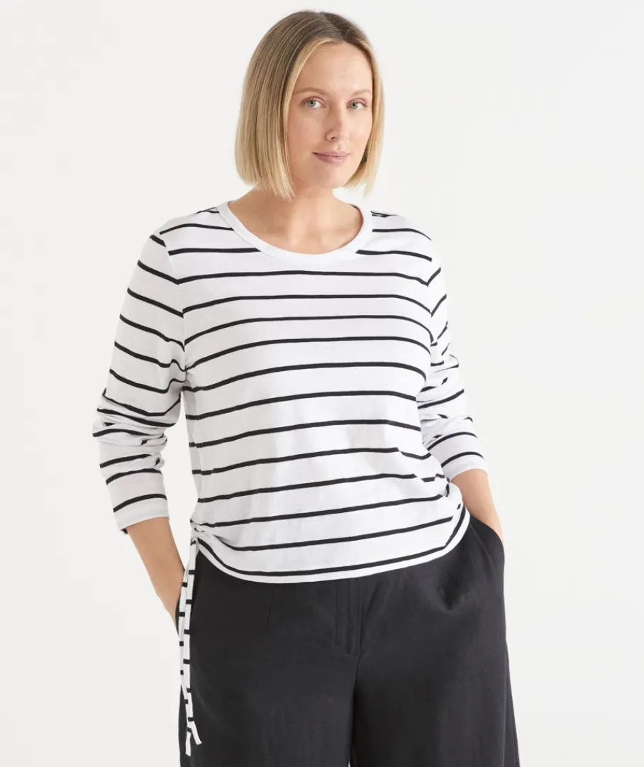 Sussan Tops|T-Shirts>Slub Stripe Long Sleeve Ruched Top