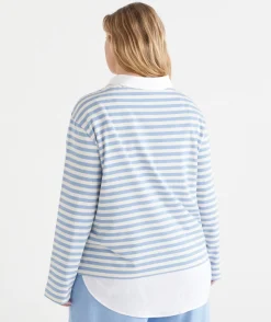 Sussan Tops|T-Shirts>Stripe Boat Neck Long Sleeve Top - Blue