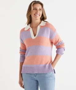 Sussan Tops|Knitwear>Stripe Knit Rugby Polo Jumper -