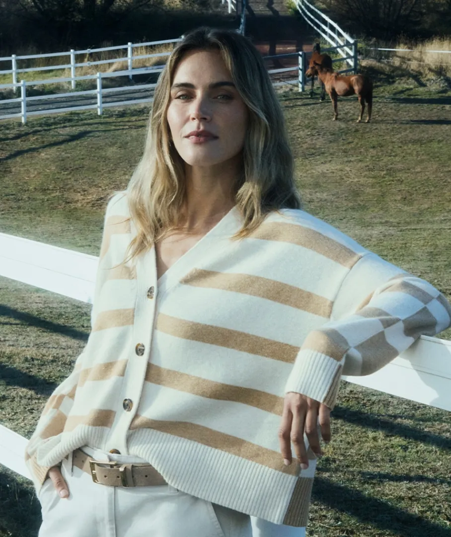 Sussan Knitwear|Knit Cardigans>V Neck Contrast Stripe Cardigan